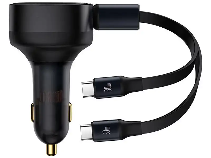 picture شارژر فندکی فست شارژ تایپ سی 33 وات بیسوس Baseus Enjoyment Retractable 2-in-1 Car Charger C00035500111-00