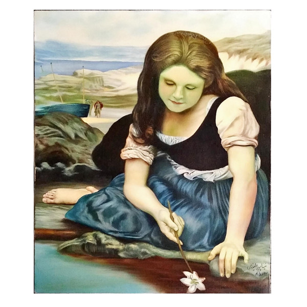 تابلو نقاشی رنگ روغن مدل دختر نشسته در ساحل کد 8512 4344836