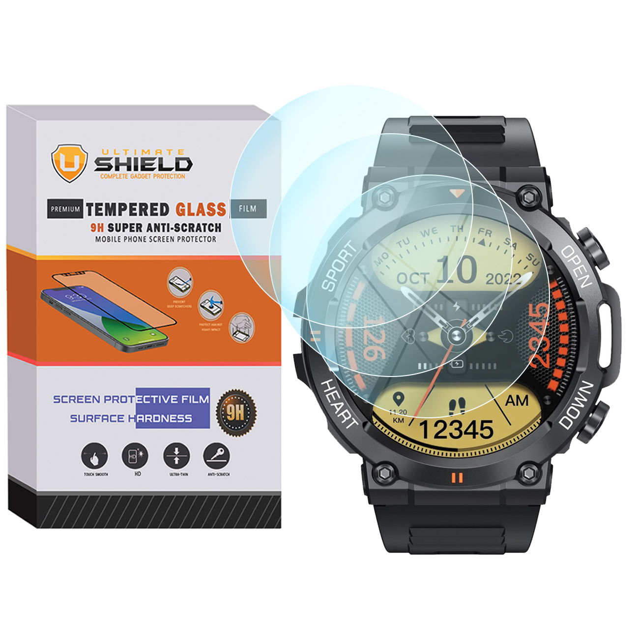 picture محافظ صفحه نمایش شیشه‌ای آلتیمیت شیلد مدل SH-UL مناسب برای ساعت هوشمند هپی تاچ K59 / K59 Pro بسته سه عددی