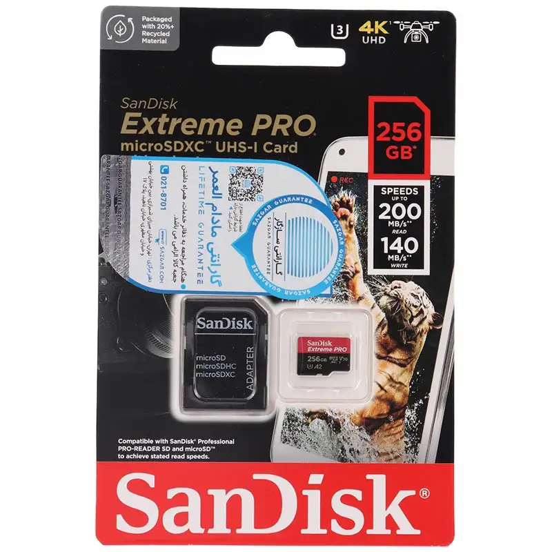 picture رم میکرو 256 گیگ سن دیسک SanDisk Extreme Pro A2 V30 U3 200MB/s + خشاب