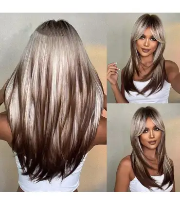 picture کلاه گیس (پوستیژ) زنانه لیر بلند چتری دار قهوه ای بلوند Brown Highlights Wigs