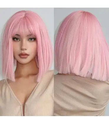 picture کلاه گیس (پوستیژ) زنانه متوسط مدل باب مصری صورتی پاستیلی Pink Wig