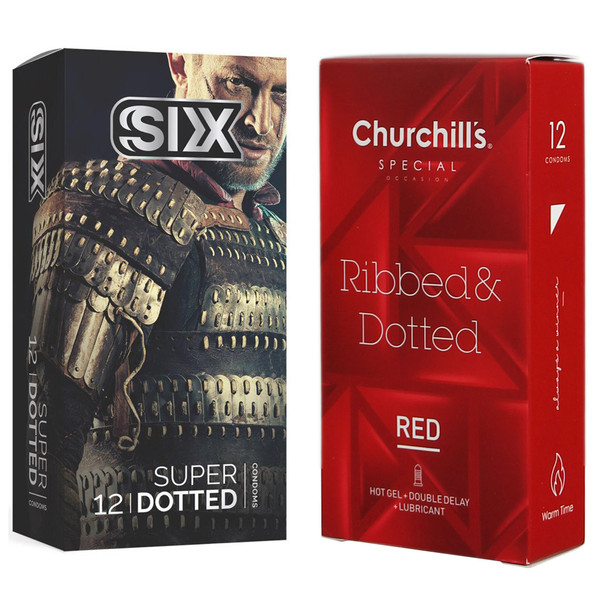 کاندوم چرچیلز مدل  Ribbed & Dotted Red بسته 12 عددی به همراه کاندوم سیکس مدل خاردار بسته 12 عددی  1571118