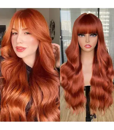 picture کلاه گیس (پوستیژ) زنانه بلند حالت دار مسی رنگ جلو چتری Copper Wig