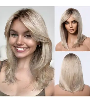 picture کلاه گیس (پوستیژ) زنانه باب بلوند ریشه تیره متوسط چتری Blonde Wig