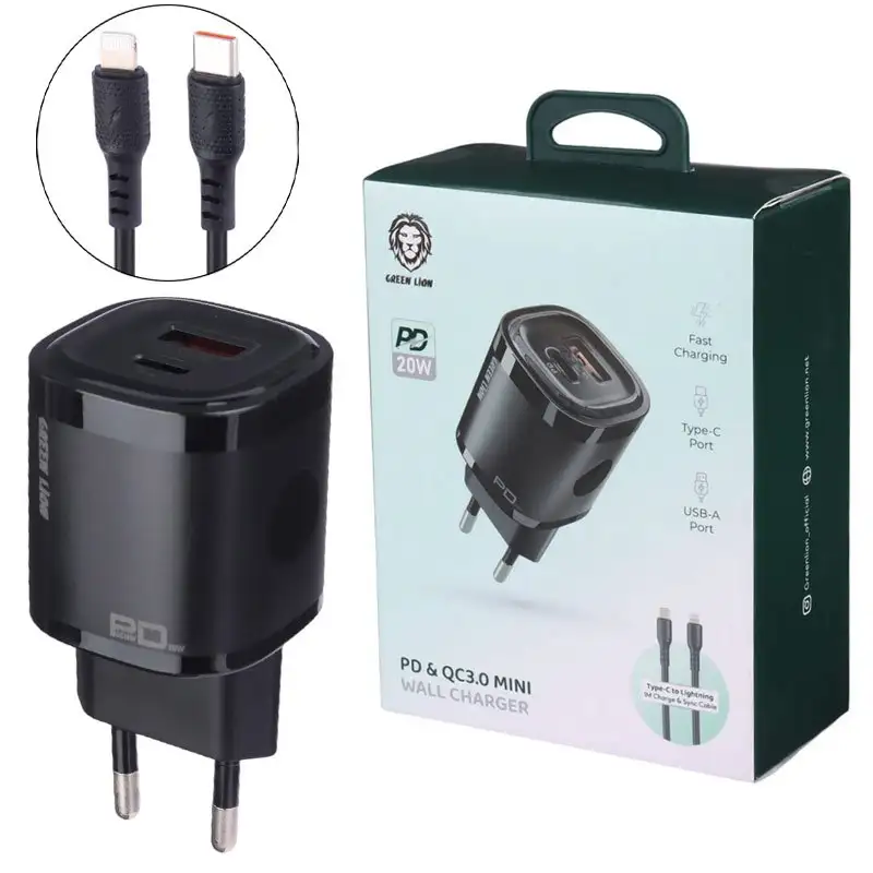 picture شارژر دیواری فست شارژ Green Lion GL-WC09 2Port 3A PD QC3.0 20W + کابل آیفونی