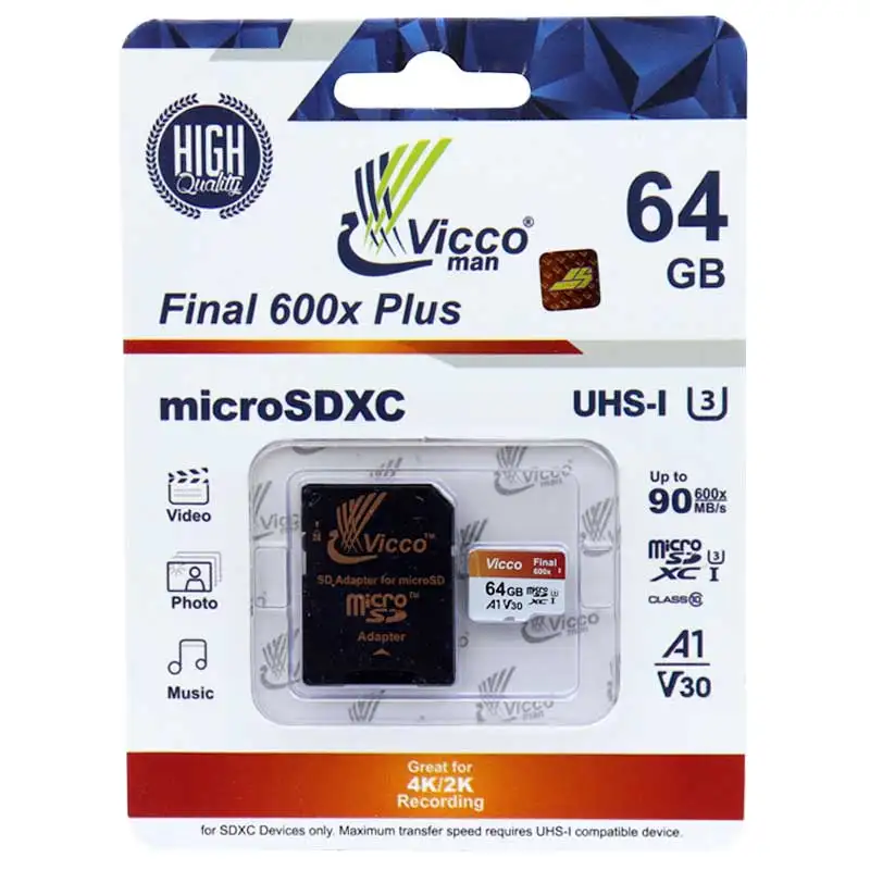 picture رم میکرو 64 گیگ ویکومن Vicco Final 600x Plus U3 A1 90MB/s + خشاب