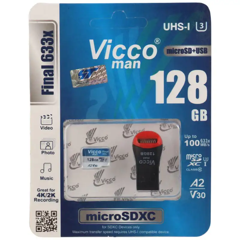 picture رم میکرو 128 گیگ ویکومن Vicco Man Final 633x A2 V30 U3 C10 100MB/s + رم ریدر