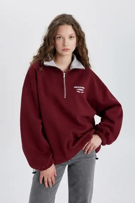 picture پلیور دیفکتو با کد 811799036 ( Oversize Fit Yarım Fermuarlı Nakışlı Kalın Kumaş Sweatshirt C4581AX24SM )