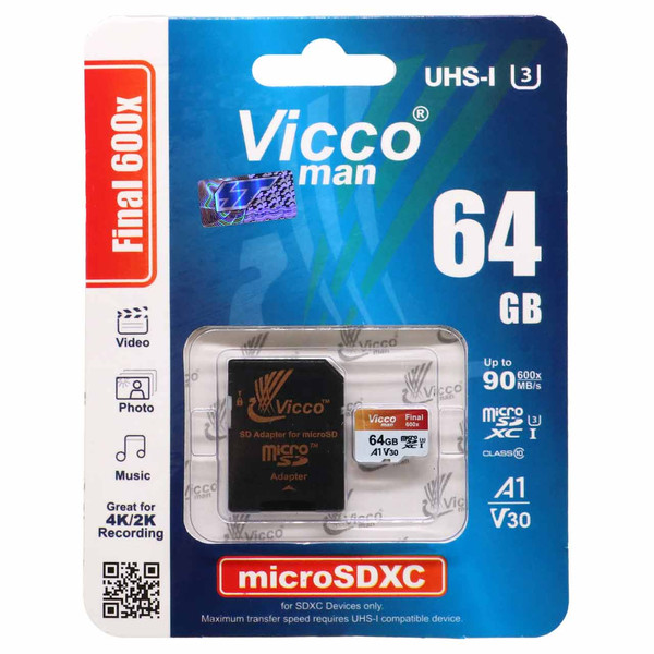 کارت حافظه microSDXC ویکومن مدل 600x plus کلاس 10 استاندارد UHS-I U3 A1 V30 سرعت 90MBs ظرفیت 64 گیگابایت به همراه آداپتور SD 3904397