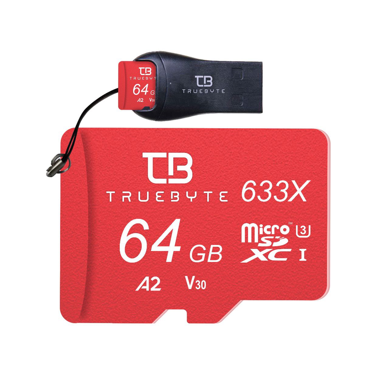  کارت حافظه microSD XC تروبایت مدل 633X-A2-V30 کلاس 10 استاندارد UHS-I U3 سرعت 95MBps ظرفیت 64 گیگابایت به همراه کارت‌خوان 3945011