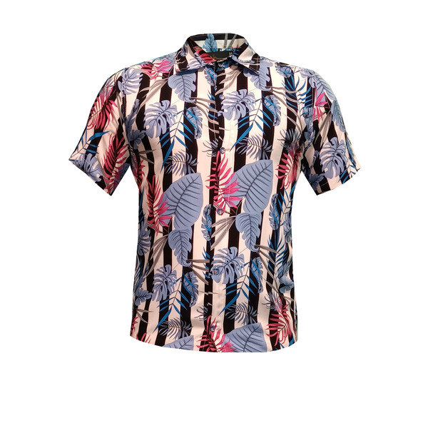 پیراهن آستین کوتاه مردانه مدل هاوایی برگ راه راه کد B-BLu رنگ آبی 4119819