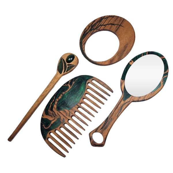picture ست شانه و آینه  مدل چوب و رزین به همراه پین و حلقه‌ی مو