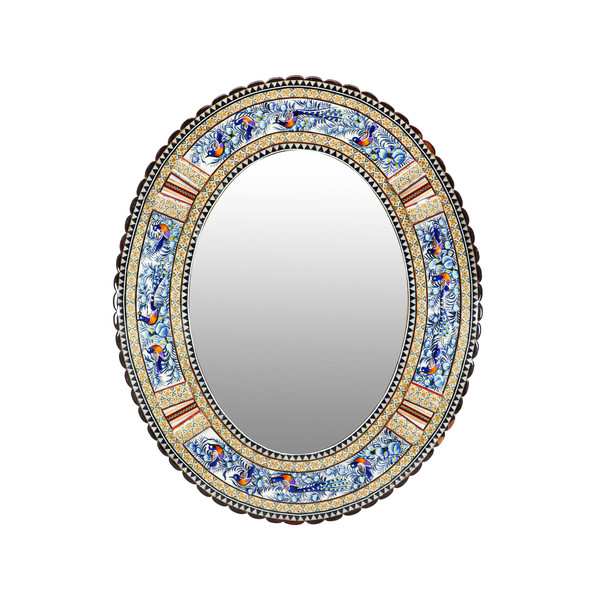 آینه خاتم کاری مدل الیپس طرح گل و مرغ برجسته کد 56p46-2f4Bl 4270330