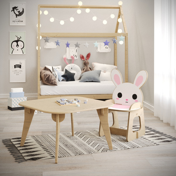 ست میز و صندلی کودک مدل باغ وحش چوبی طرح خرگوش 4277446