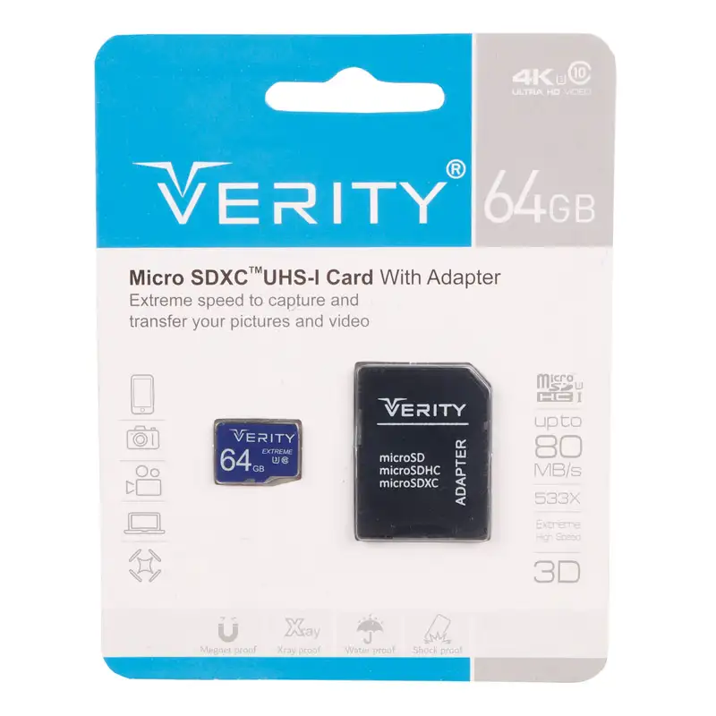 picture رم میکرو ۶۴ گیگ وریتی Verity U3 C10 80MB/s + خشاب