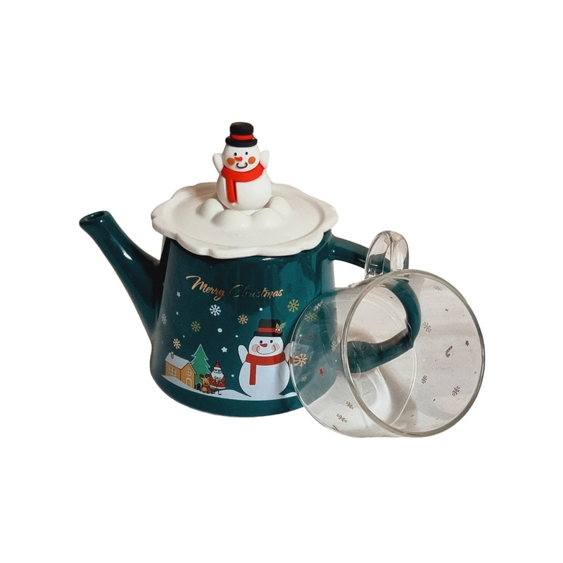 picture سرویس چای خوری 2 پارچه مدل قوری و لیوان طرح کریسمس کد 0012