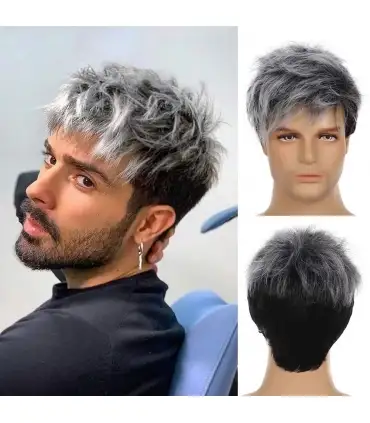 picture کلاه گیس مردانه سلاکس کوتاه جو گندمی Slacks Men Grey Wig Short Layered Gray Mixed Black