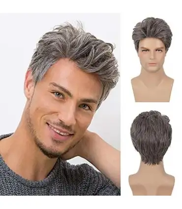 picture کلاه گیس (پوستیژ) مردانه باروسی میکس قهوه ای خاکستری کوتاه حالت دار Baruisi Mens Short Wig Mixed Brown Cosplay Hair Wig