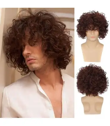 picture کلاه گیس (پوستیژ) مردانه باروسی فرفری سایز متوسط قهوه ای Baruisi Mens Curly Wig Short Brown Fluffy Hair Wig for Men