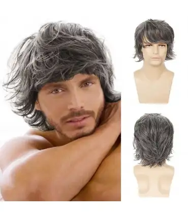 picture کلاه گیس (پوستیژ) مردانه سالکس خاکستری (جوگندمی) لیر فشن متوسط Sallcks Mens Short Grey Wig Natural Layered Fluffy Wig for men