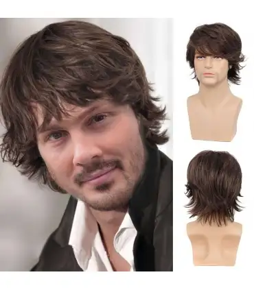 picture کلاه گیس (پوستیژ) مردانه سالکس کوتاه قهوه ای حالت دار Sallcks Mens Short Brown Wig Short Fluffy Layered Brown Wig