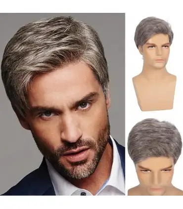 picture کلاه گیس (پوستیژ) مردانه سویکینگ جوگندمی کوتاه Swiking Mens Short Wig Grey Straight Natural