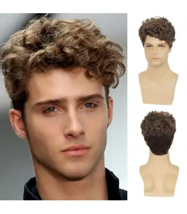 picture کلاه گیس (پوستیژ) مردانه ریچیون قهوه ای روشن کوتاه و مجعد RicHyun Mens Short Brown Curly Wig