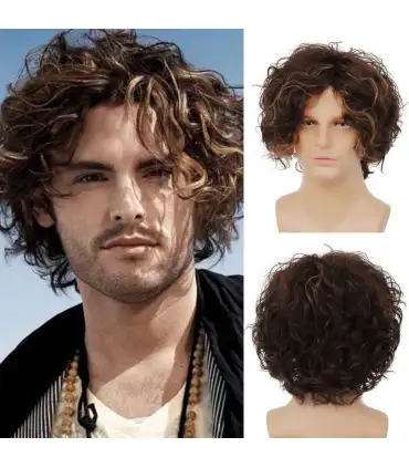 picture کلاه گیس (پوستیژ) مردانه ریچیون قهوه ای  کوتاه و حالت دار و موج دار RicHyun Mens Short Curly Wig Short  Wavy Brown Wig