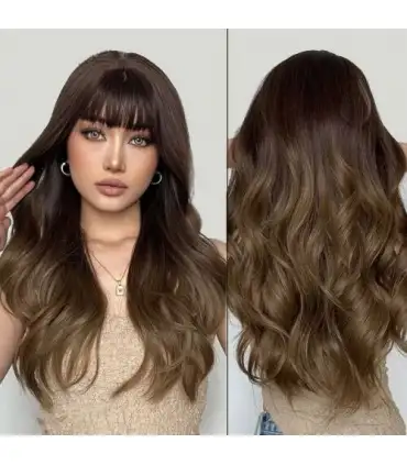 picture کلاه گیس (پوستیژ) زنانه بلند حالت دار جلو چتری قهوه ای طبیعی هایلایت دار Natural Highlights Brown Hair Wigs