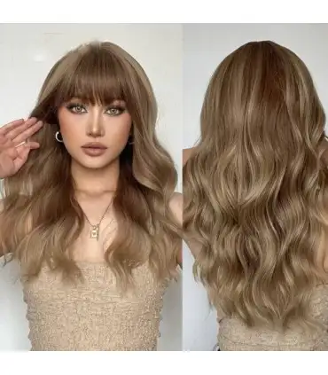 picture کلاه گیس (پوستیژ) زنانه بلند حالت دار چتری عسلی هایلایت دار Natural Highlights Brown Hair Wigs