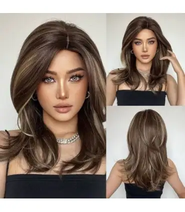 picture کلاه گیس (پوستیژ) زنانه لیر متوسط قهوه ای مش (هایلایت) بلوند Soft Hair Wigs with Side Bangs