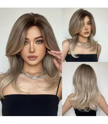 picture کلاه گیس (پوستیژ) زنانه لیر متوسط آمبره قهوه ای بلوند روشن Soft Hair Wigs with Side Bangs