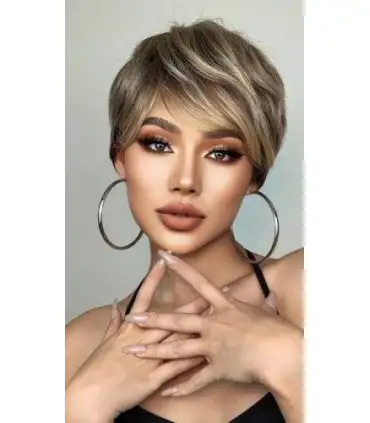 picture کلاه گیس (پوستیژ) زنانه کوتاه پیکسی لیر چتری دار قهوه ای هایلایت بلوند Layered Short Mix Chestnut Brown Wigs