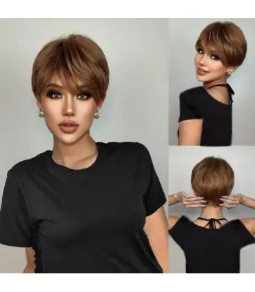 picture کلاه گیس (پوستیژ) زنانه کوتاه پیکسی لیر چتری دار قهوه ای شاه بلوطی Layered Short Mix Chestnut Brown Wigs