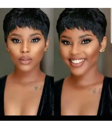 picture کلاه گیس (پوستیژ) زنانه موی طبیعی انسان کوتاه پیکسی مشکی حالت دار Pixie Cut Wig