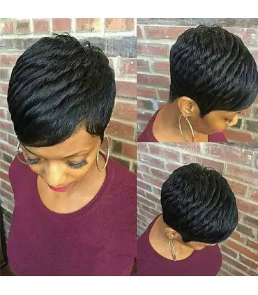 picture کلاه گیس (پوستیژ) زنانه موی طبیعی انسان پیکسی لیر کوتاه مشکی حالت دار Human Short Pixie Cut Wig