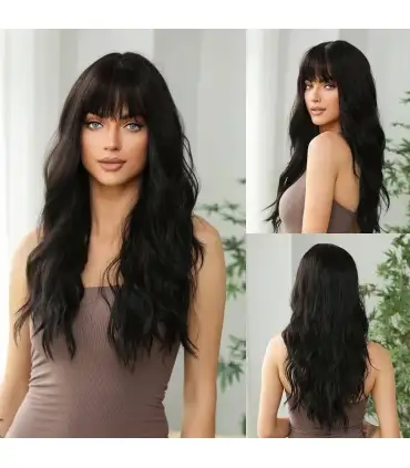 picture کلاه گیس (پوستیژ) زنانه بلند حالت دار جلو چتری مشکی Long Black Wigs