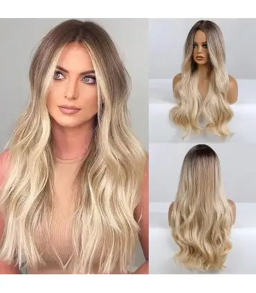 picture کلاه گیس (پوستیژ) زنانه آمبره قهوه ای روشن بلوند بلند حالت دار Blonde Brown Wave Wig