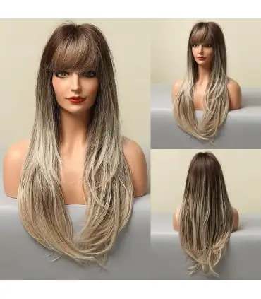 picture کلاه گیس (پوستیژ) زنانه بلند آمبره قهوه ای بلوند لخت چتری دار Straight Synthetic Wigs