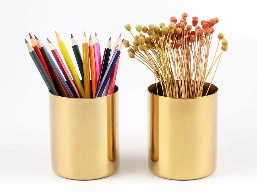 picture گلدان برنجی چند کاره طلایی Golden vase brass round pen holder